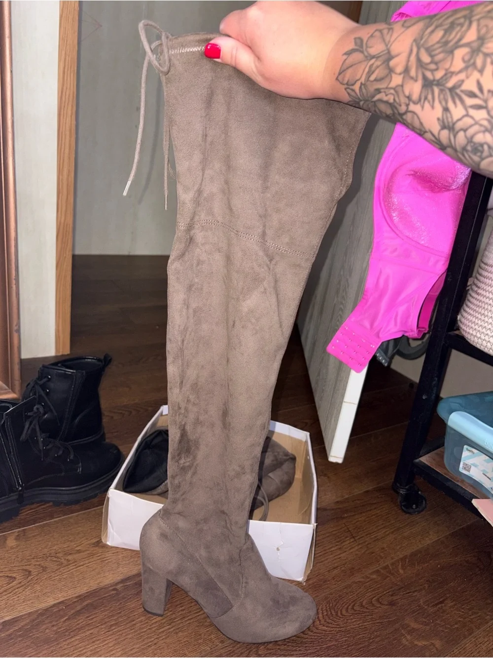 Qupid Taupe Suede-Look Over-the-Knee Lace-Up Boots
